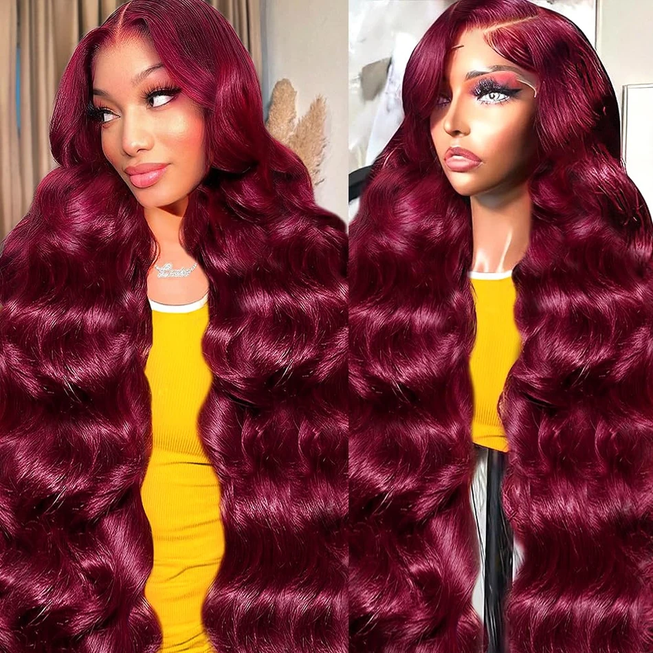 99J بورجوندي 13x6 الدانتيل الجبهة الباروكات قبل قطعها 250% الكثافة الأحمر اللون الجسم موجة 13x4 HD شفاف أمامي خصلات الشعر المستعار الإنسان