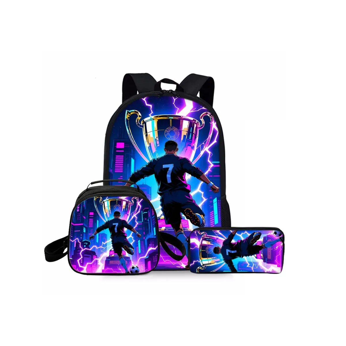 3pcs Set Football Print Waterproof School Backpack 2D Carton Round Lunch Bag Pencil for Boys/Girls Best Gifts for Kids Bags
