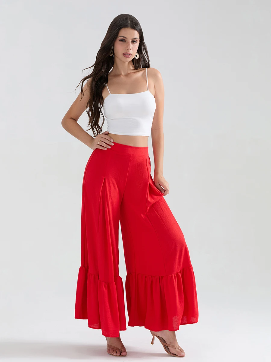 Women's Summer Loose Flare Pants Fall Solid Color Mid Rise Wide Leg Pants Female Palazzo Trousers for Streetwear Beach Vacation