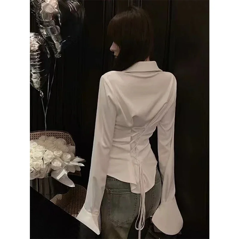 MEXZT Y2K White Blouses Women Sexy Bandage Slim Shirts Office Lady Korean Fashion Black Long Sleeve Waist Tunic Chic Casual Tops