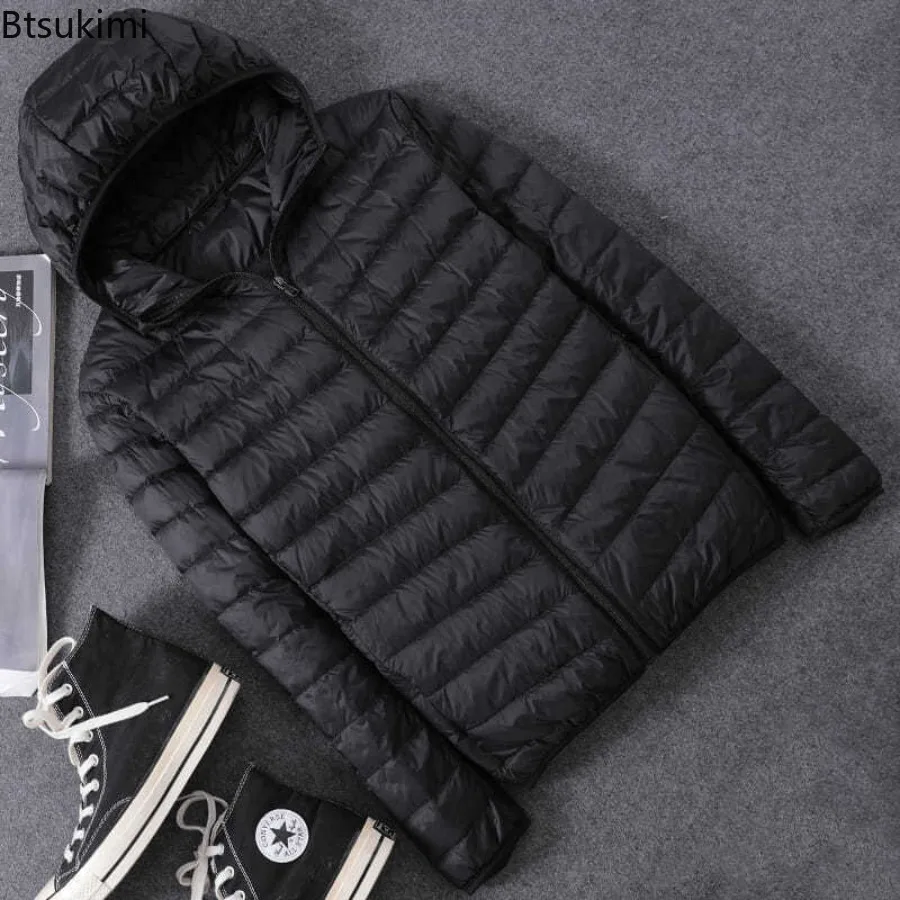 Men Autumn Winter Down Cotton Jacket Hooded & Stand Collar 2 Styles Super Light Warm Slim Fit Zip Solid Color Casual Outerwear
