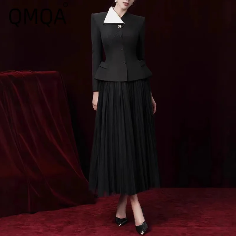 

QMQA Fashion Women's Elegant Commuting Two-Piece Set Color-Block Lapel Jacket Coat High Waist Mesh Skirt Sets 2025 Autumn QM790