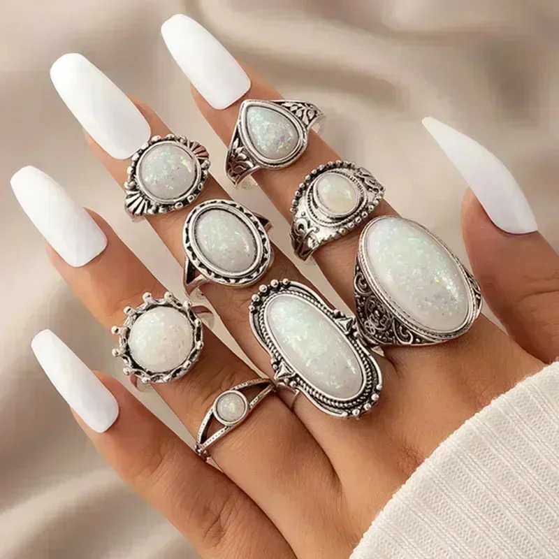 Fashion Vintage Ring Set For Women New Fashion Geometric Punk Black Heart Butterfly Ring Jewelry Set