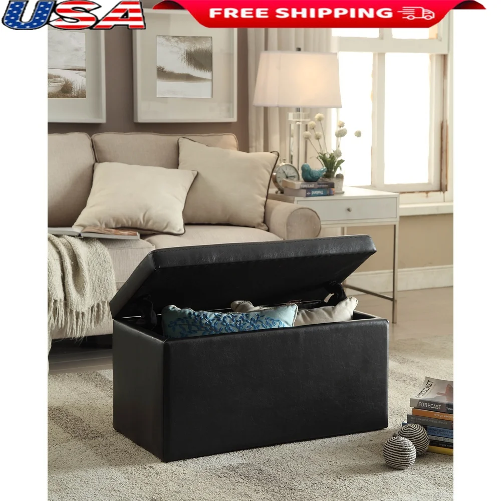 

30 Inch Hinged Storage Ottoman Faux Leather Indoor Seating Organizer Blankets Toys Books Modern Design Space Saver