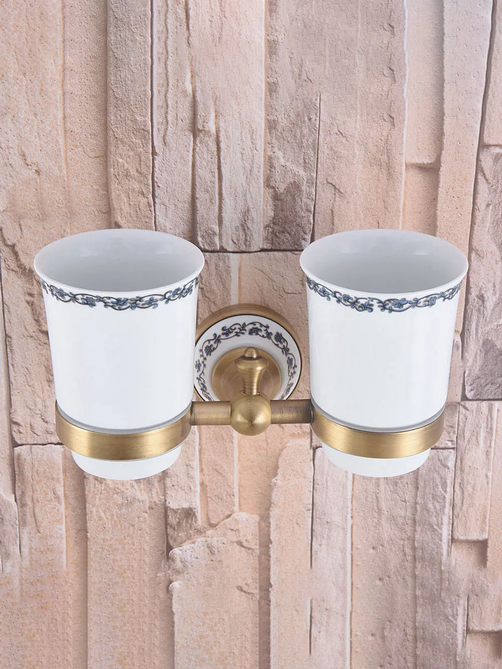 Wall Mounted Vintage Retro Antique Brass Bathroom Toothbrush Holder Set Bathroom Accessory Dual Ceramic Cup mba782
