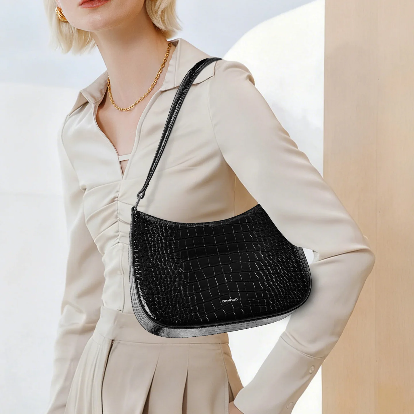 ITAMOOD Black Crocodile Pattern Cowhide Hobo Bag, Genuine Leather Shoulder Bag, Lightweight Underarm Bag for Women
