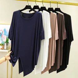 Loose Fit Dancewear T-Shirt for Women Short Sleeve Modal Mid-Length Base Shirt Asymmetrical Hemline Korean Style round Neck