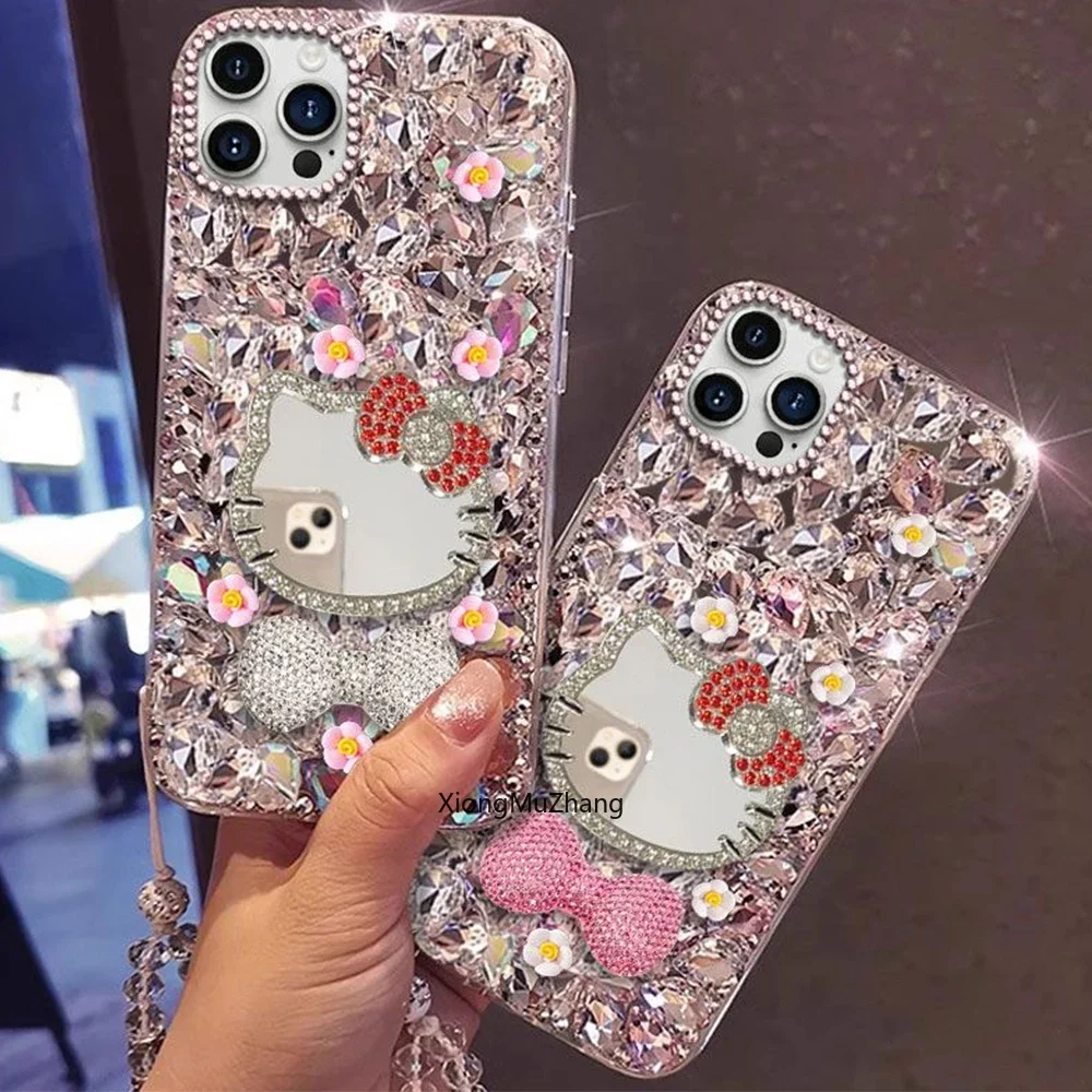 Cartoon Sanrio Hello Kitty Schleifen-Make-up-Spiegel Blumen-Diamant-Hülle für iPhone 17 18 16 Pro 15 14 13 12 11 Pro Max Glitzer-Abdeckung – Detail 8