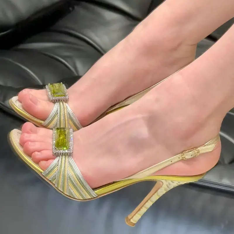 2026 Summer New Style Open-Toe Back Strap Rhinestone Sandals Women'S Outdoor Fashion Gemstone Stiletto High Heels