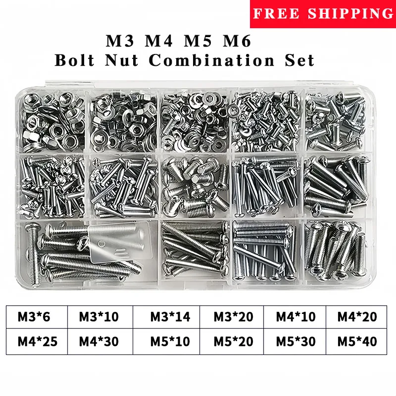 

M3 M4 M5 M6 Bolt Nut Combination Set Metric Threaded Round Head Phillips Screw Bolt Nut Flat Washers Machine Screws Combination