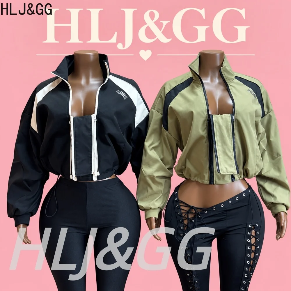 HLJ&GG Y2K Street Style Women Fuzzy Cropped Jacket Zip-Up Contrast Trim Stand Collar Trendy Autumn Short Outer Coat Streetwear