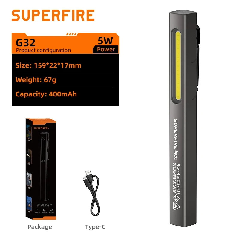 SUPERFIRE G32 penlicht met zijlicht en traploos dimmen zaklamp, mini-pocket LED-zaklamp voor I camping autoreparatie noodgevallen