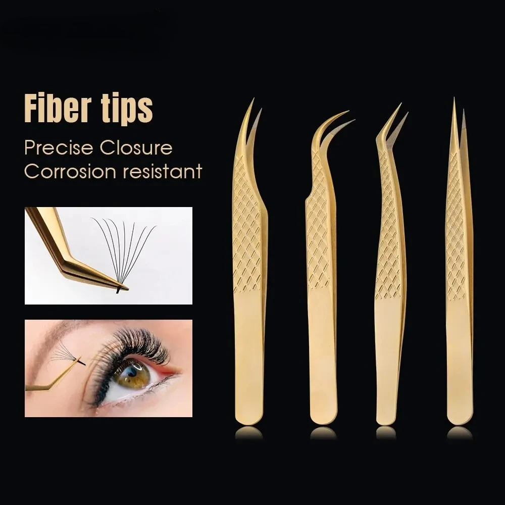 Gemerry Fiber Tips Eyelash Extension 1Pcs Tweezers Golden Stainless Steel 2026 Precision Tweezer Volume Fans Professional Tools