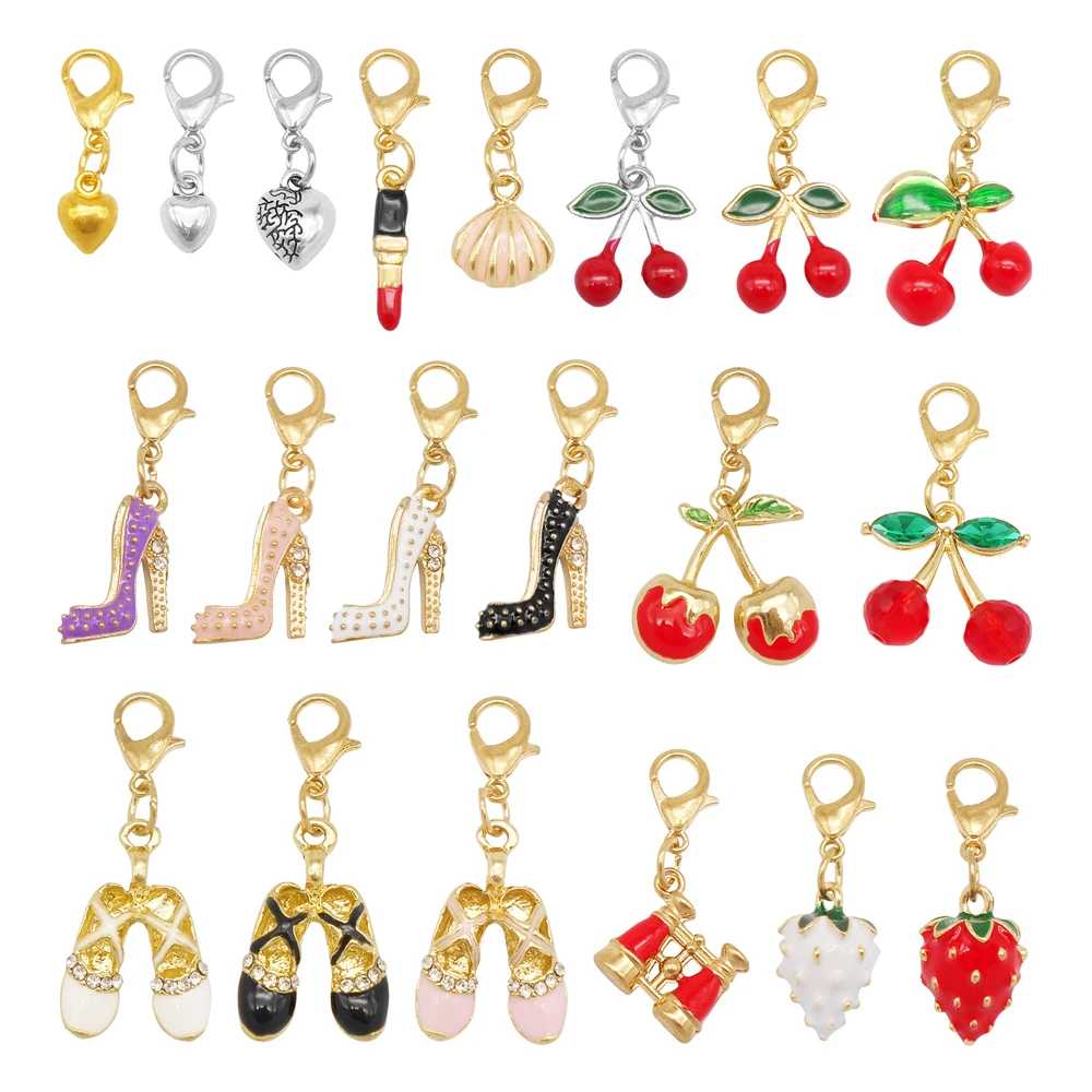 4/10Pcs Alloy Dangle Charm with Lobster Clasp-Cherry Strawberry Heart Shoes Design Pendant for DIY Jewelry Making Crafts Decor
