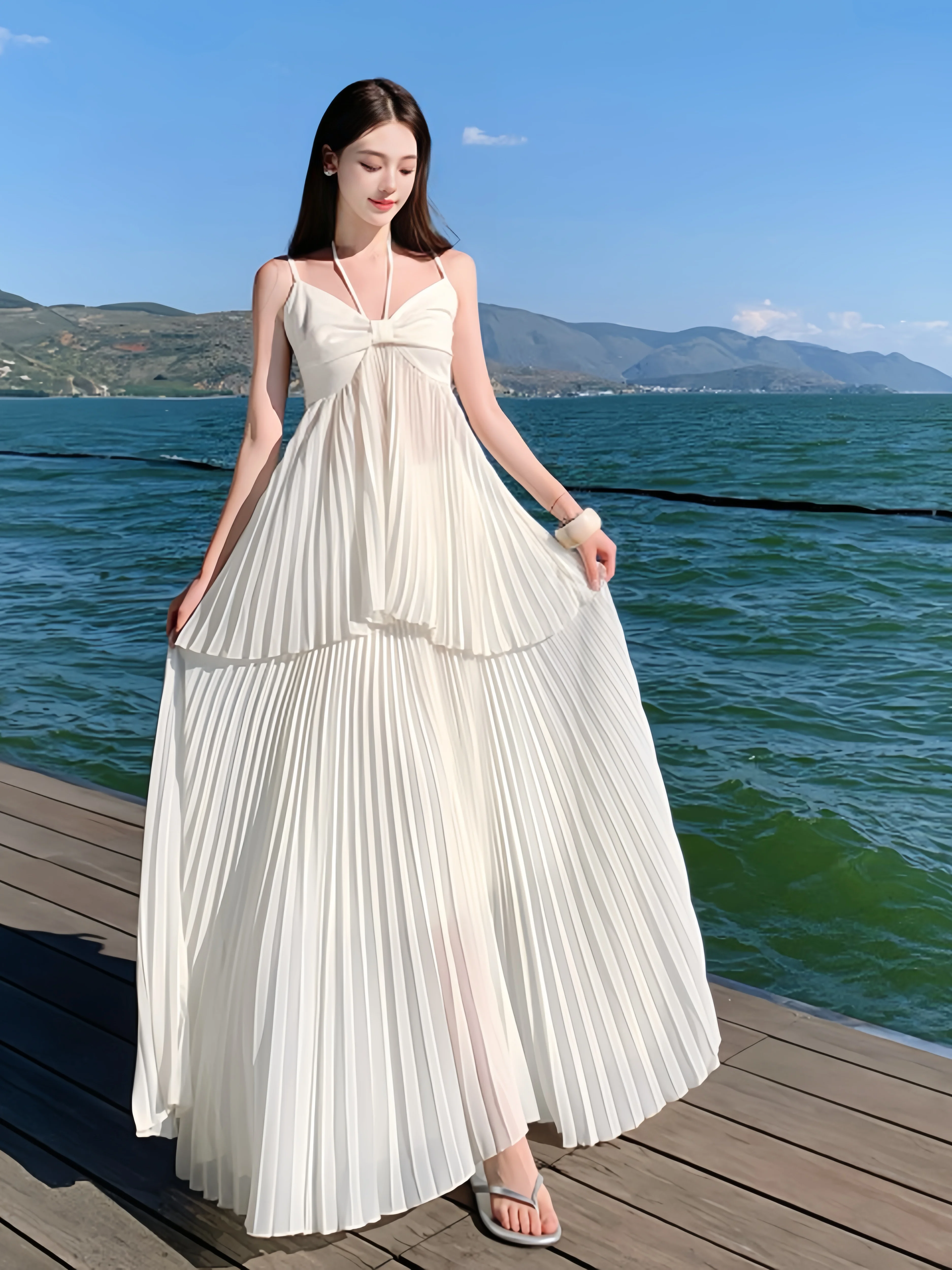

Elegant White Halter Neck Chiffon Top And Skirt Set Women's Sweet Fairy Gored Skirt Two Piece Set Summer Vacation Wear