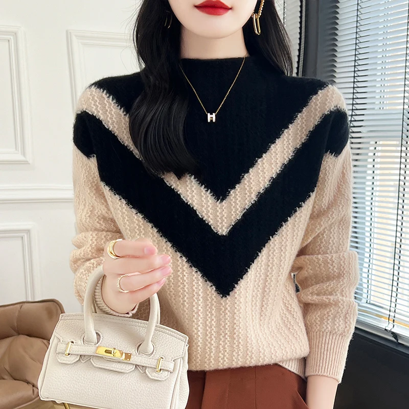 New Women\'s Clothing Autumn Winter 100% Wool Thickened Knitted Pullover Loose Large Size Tops Contrasting Color Stand Up Collar