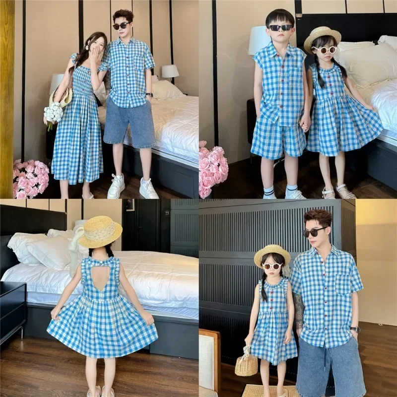 Holiday Couple Look Family Matching Clothes Mom and Daughter Resort Plaid Dress Dad and Son Shirts Korean Children\'s Clothing