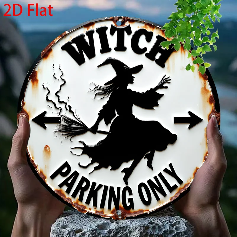 2D Flat Surface - 1 Piece of 2D Flat Metal Sign, Featuring a Vintage Witch Parking Design, Size 20.32X 20.32cm This Flat Imitation Sculpture Wall Art Features Vintage Witch Hats and Brooms, Perfect for Halloween.