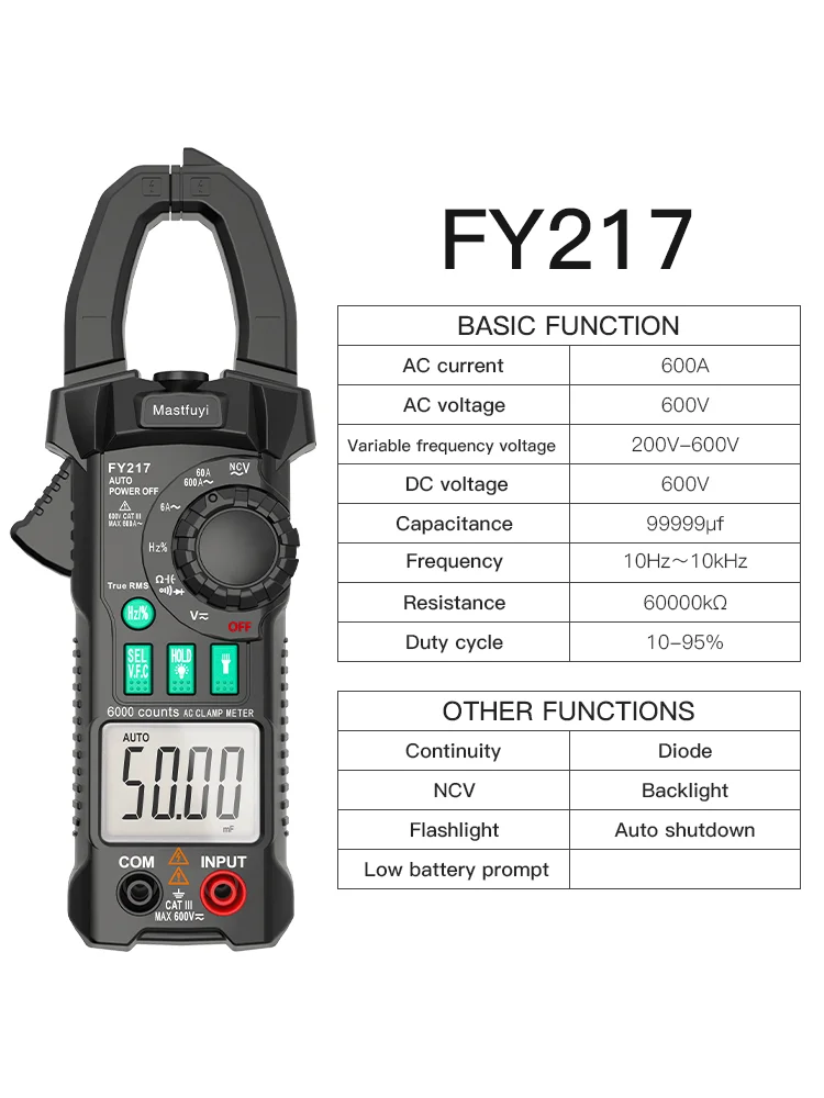 FY215/FY217/FY219 cyfrowy miernik cęgowy multimetr amperomierz AC napięcie prądu stałego True RMS wysoka precyzja pojemności NCV Ohm Hz Tester