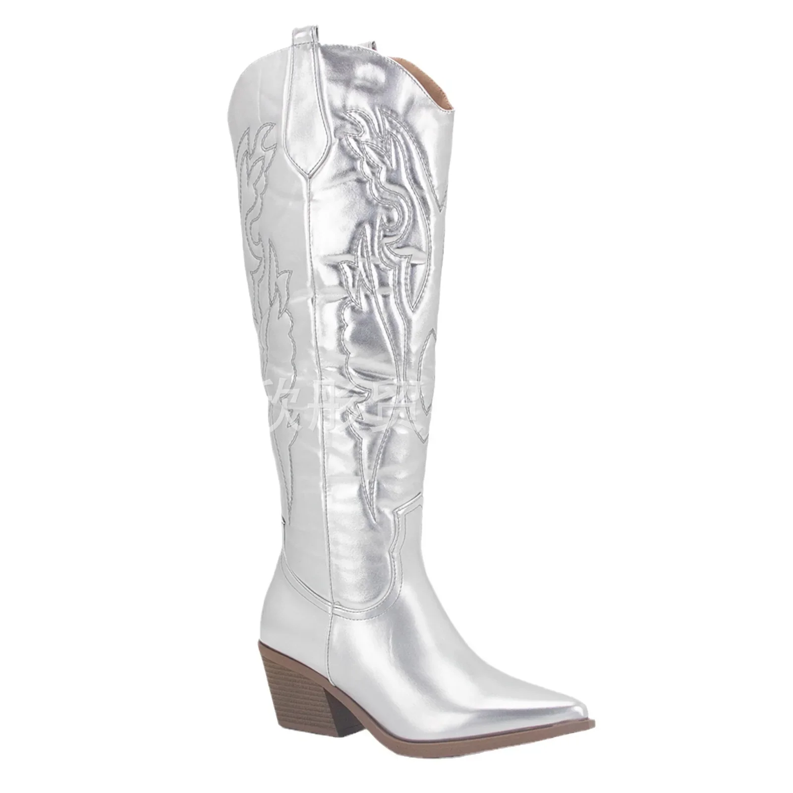Botas bordadas occidentales, gran oferta de la temporada, Otoño Invierno, punta puntiaguda plateada, zapatos de vaquero de tacón alto a media pantorrilla para mujer, moda
