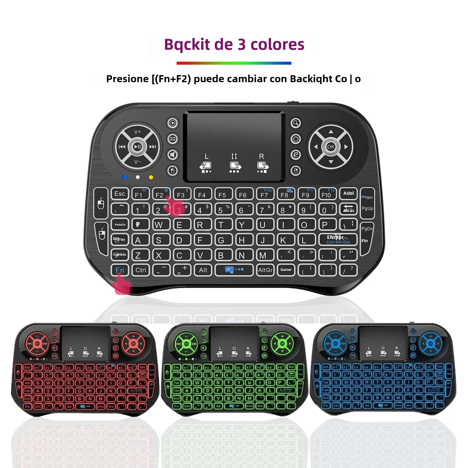 Mini teclado inalámbrico iPazzPort con combinación de ratón con panel táctil, controlador retroiluminado Bluetooth y 2,4G para Android Box, PC, HTPC, mesa