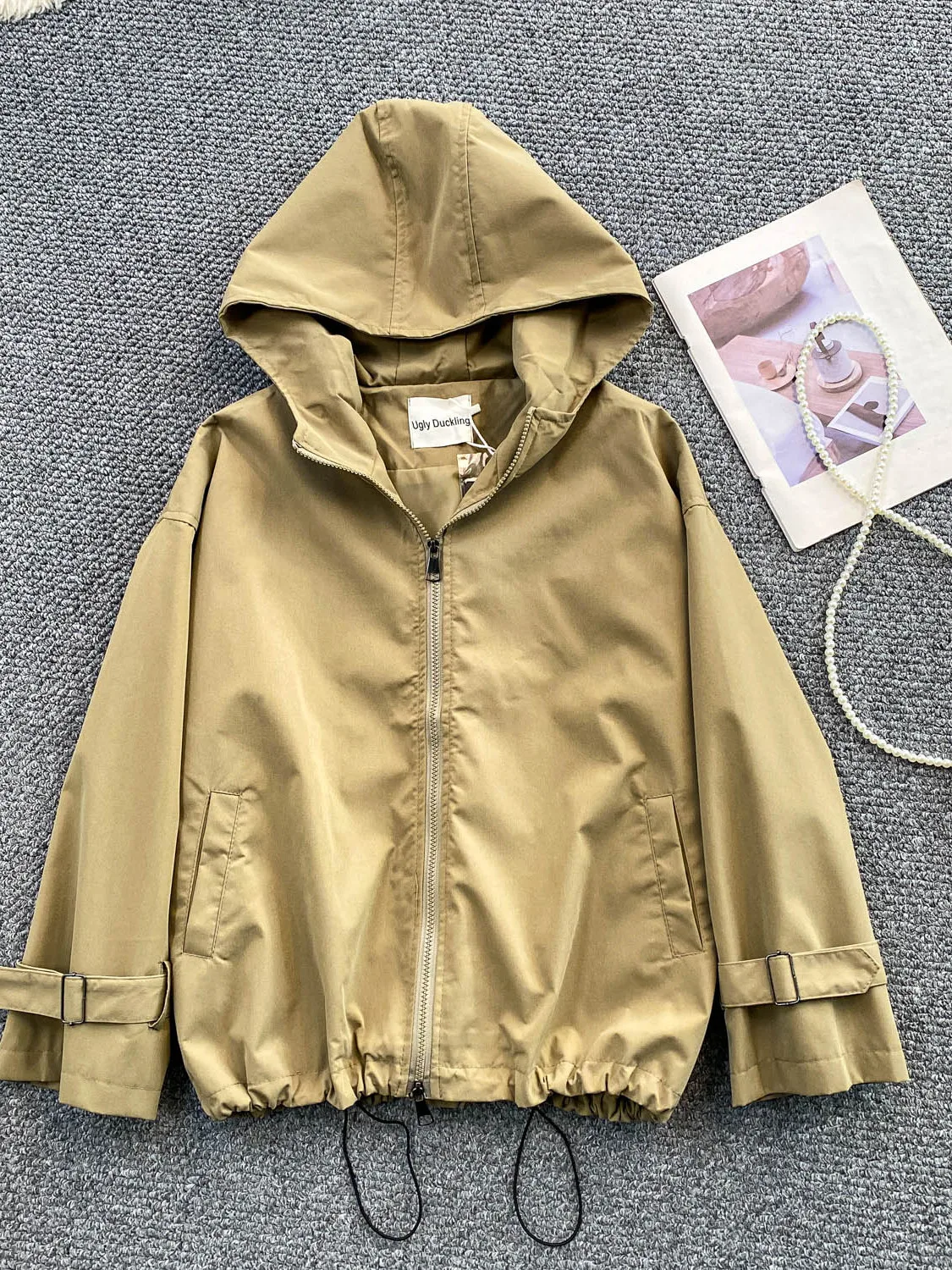 

Повседневное длинное пальто цвета хаки с капюшоном, женское свободное утягивающее пальто с завязками, осенняя верхняя одежда Faion, уличная одежда