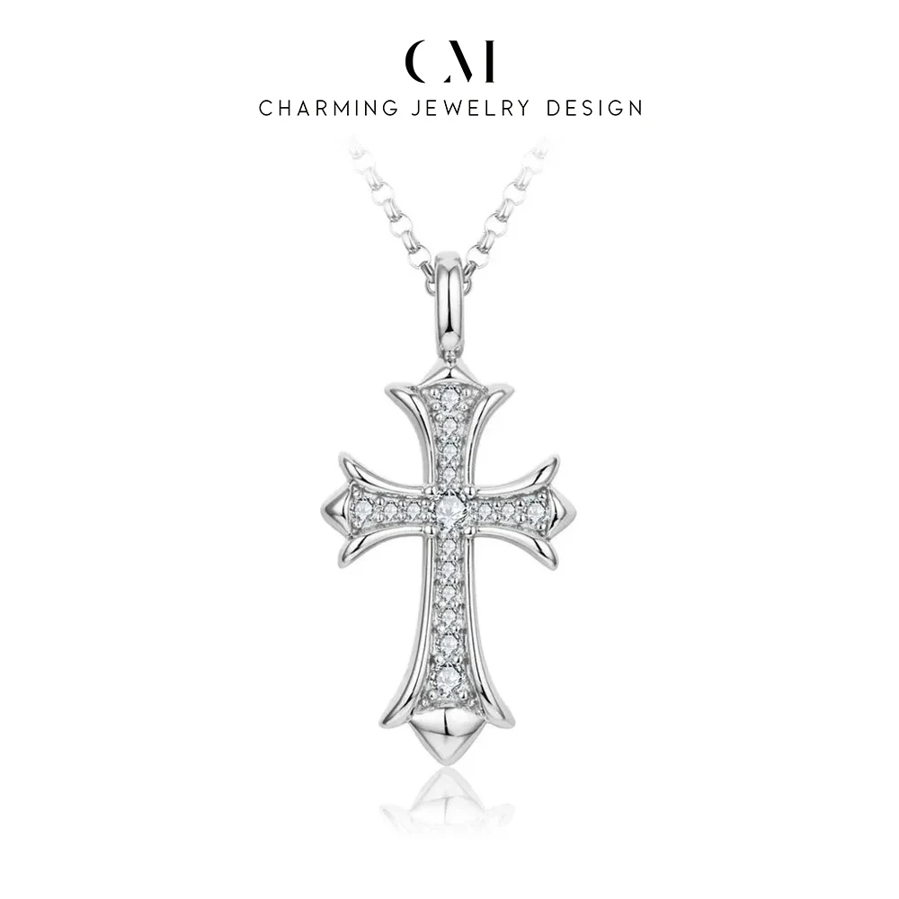 CHARMING Fashion Full Moissanite Cross Pendant Necklace Top Quality 925 Sliver Chain Plated 18k White Gold Fine Necklace Jewelry