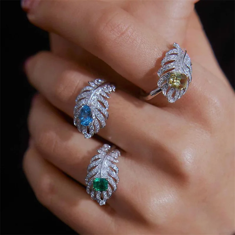 Inspiration inlaid diamonds exquisite sparkling feather  rings for women elegant colorful gem palace style ring silver jewelry