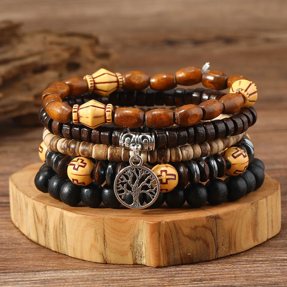 Multi-piece Set Wood Beaded Bracelet for Men Women Yoga Meditation Tree of Life Cross Bracelets Couple Friends Jewelry Gift