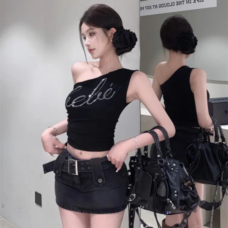 

2025 Y2K Retro Letter Sexy Slant Shoulder T-shirt Korean Women's Summer Tank Top Slim Black Hot Girl K Fashion Top