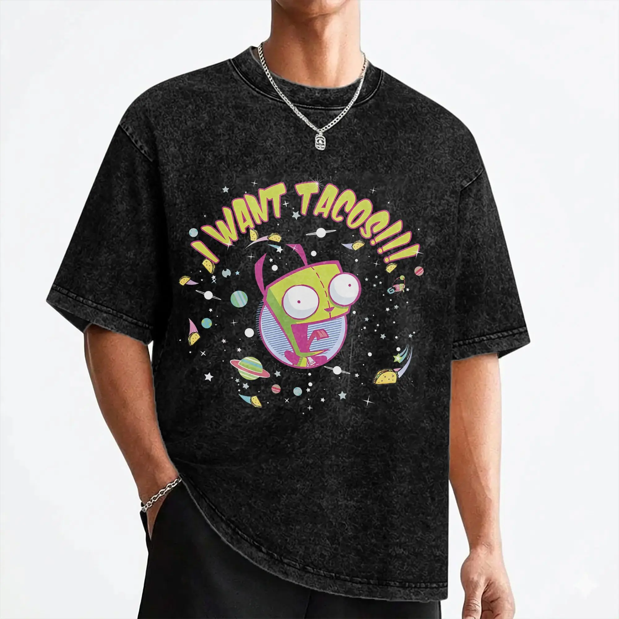 Cartoon Invaders Zim Gir Washed T Shirt Streetwear Cool T-Shirts  Tees Tops for Men Women 100% Cotton Street Printed