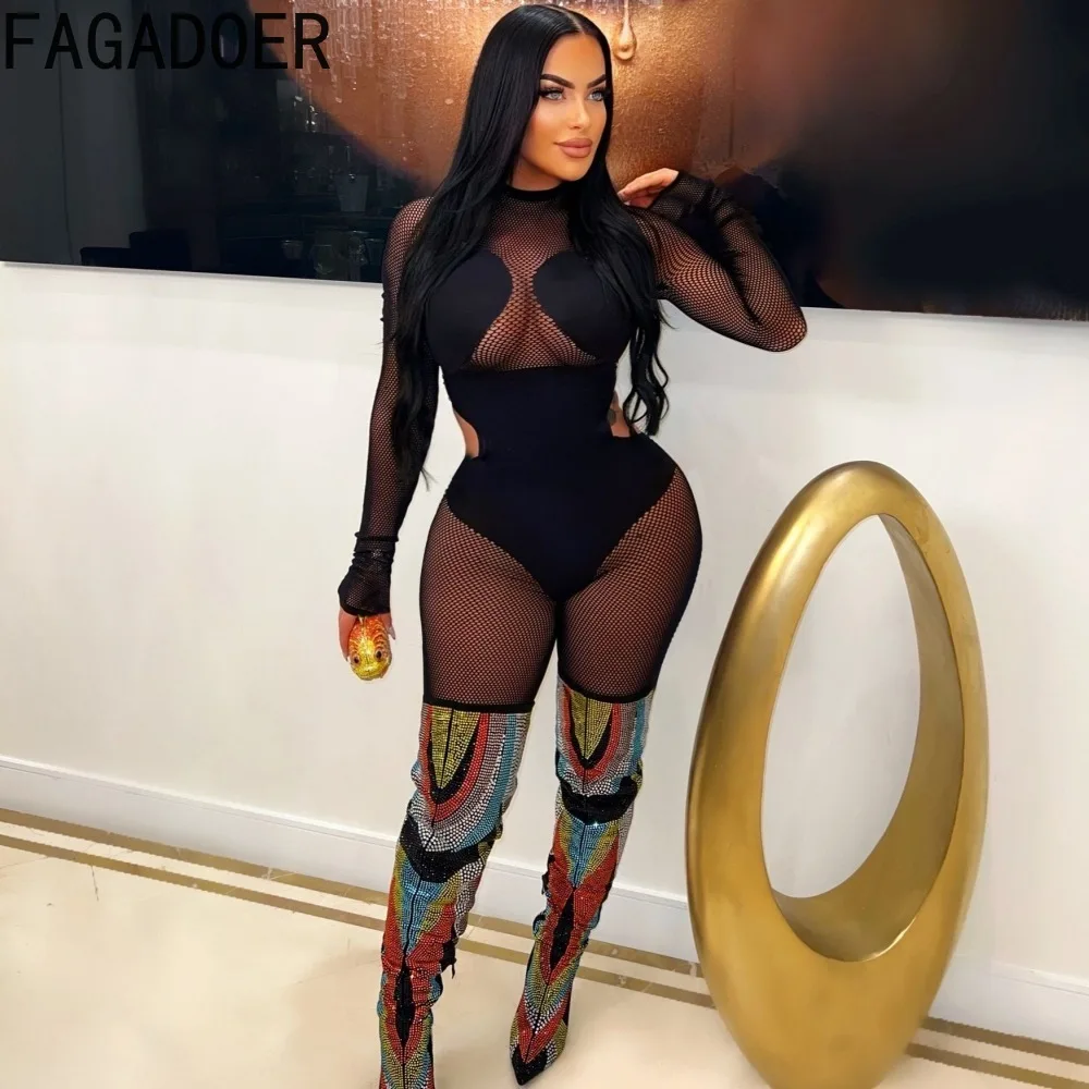 

FAGADOER Black Sexy Mesh Perspective Patchwork Nightclub Jumpsuits Women Round Neck Long Sleeve Hollow Bodycon Playsuits Clothes