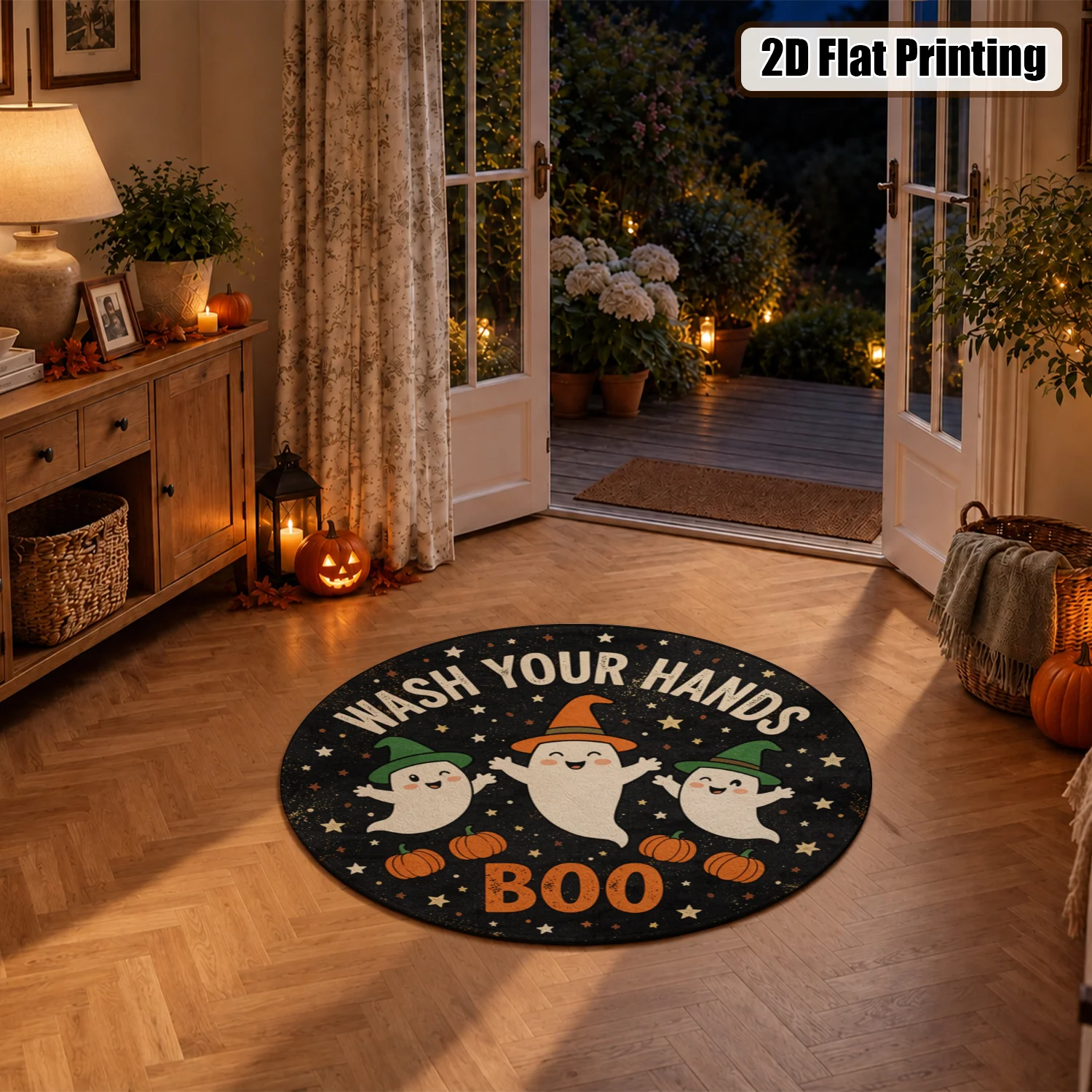Cute Ghosts Pumpkins Halloween Pattern Round Velvet Doormat, Machine Washable, Ideal for Entryway, Kitchen, Bathroom, Living Room, Perfect for Halloween, Thanksgiving, Christmas, New Year, Black Friday, Cyber Monday Home Decor