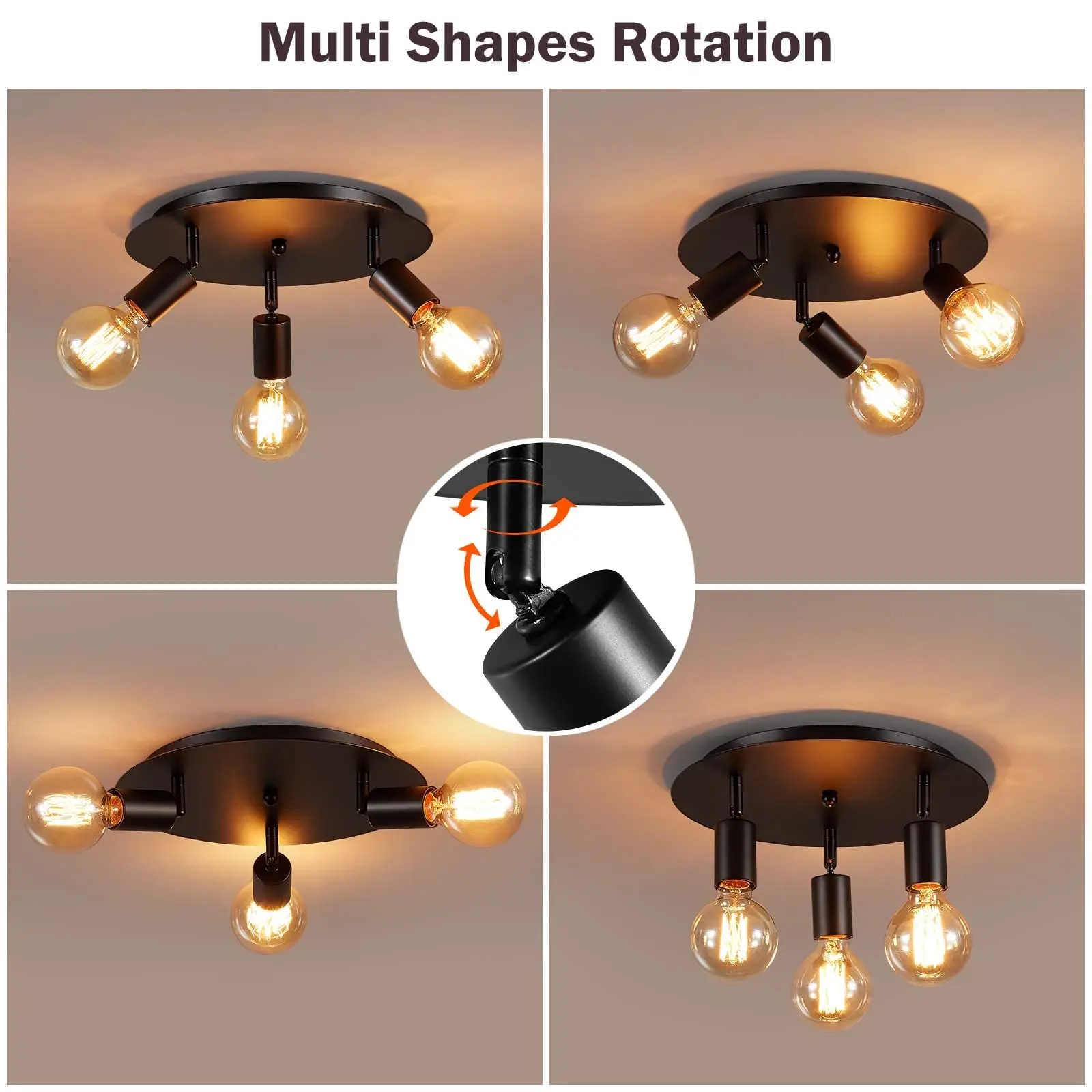 Vintage Ceiling Light 3-Light Rotatable Black Ceiling Spot Lights Adjustable E27 Round Lamp for Kitchen Dining Room Living Room