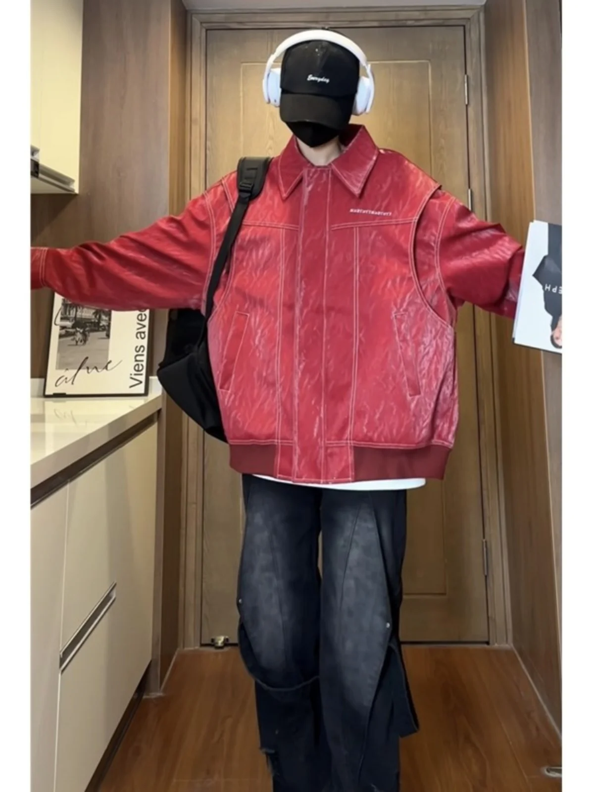 

Кожаный жакет мужской оверсайз красного винного цвета, весна-осень, в американском спортивном стиле, с широким дизайном в стиле бейсболки