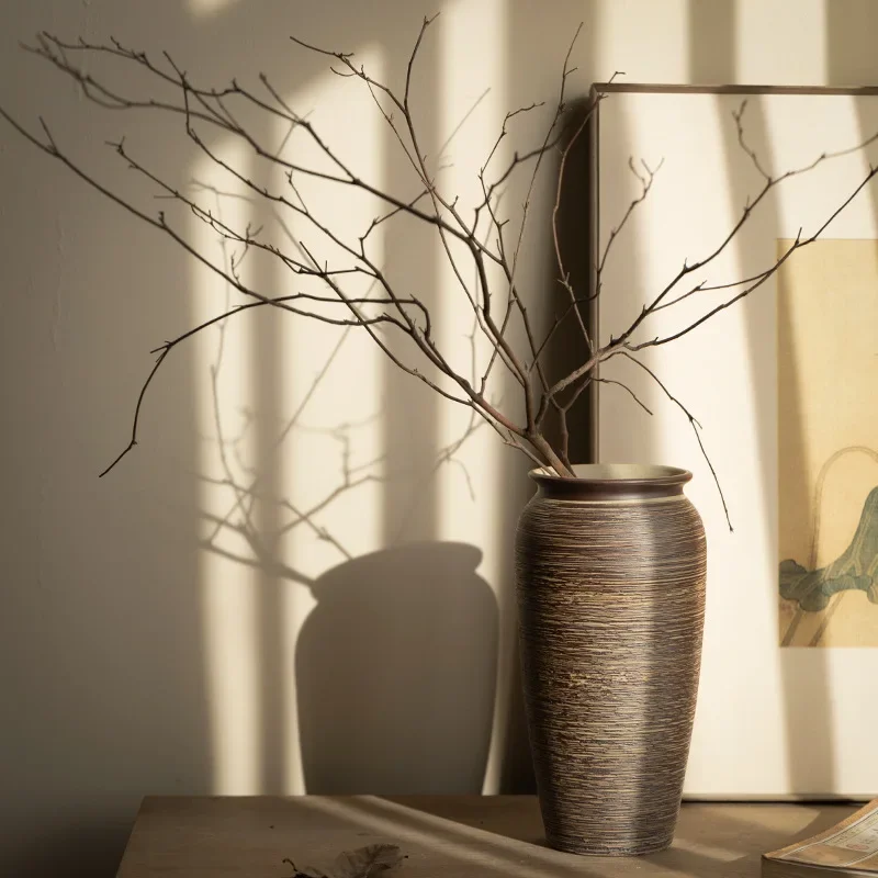 Jingdezhen vintage ceramic vase, Chinese Zen flower pot, handmade stoneware pot, living room home flower arrangement ornament