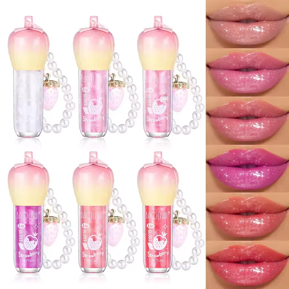 BAOLISHI Strawberry Pearl Pendant Lip Gloss, Multi-Color Fine Glitter, Glossy Glass Lips, Moisturizing Lip Gloss For Girls