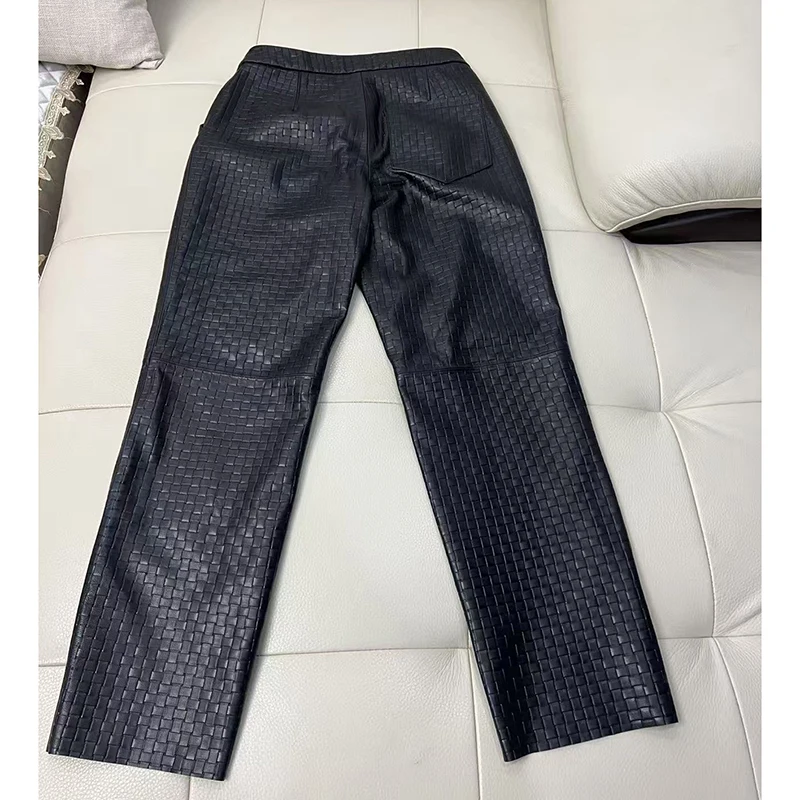Harajuku Leather Pants for Women Autumn Winter Slanted Pockets Embossing Design Natural Sheepskin Ankle Style Straight Trousers
