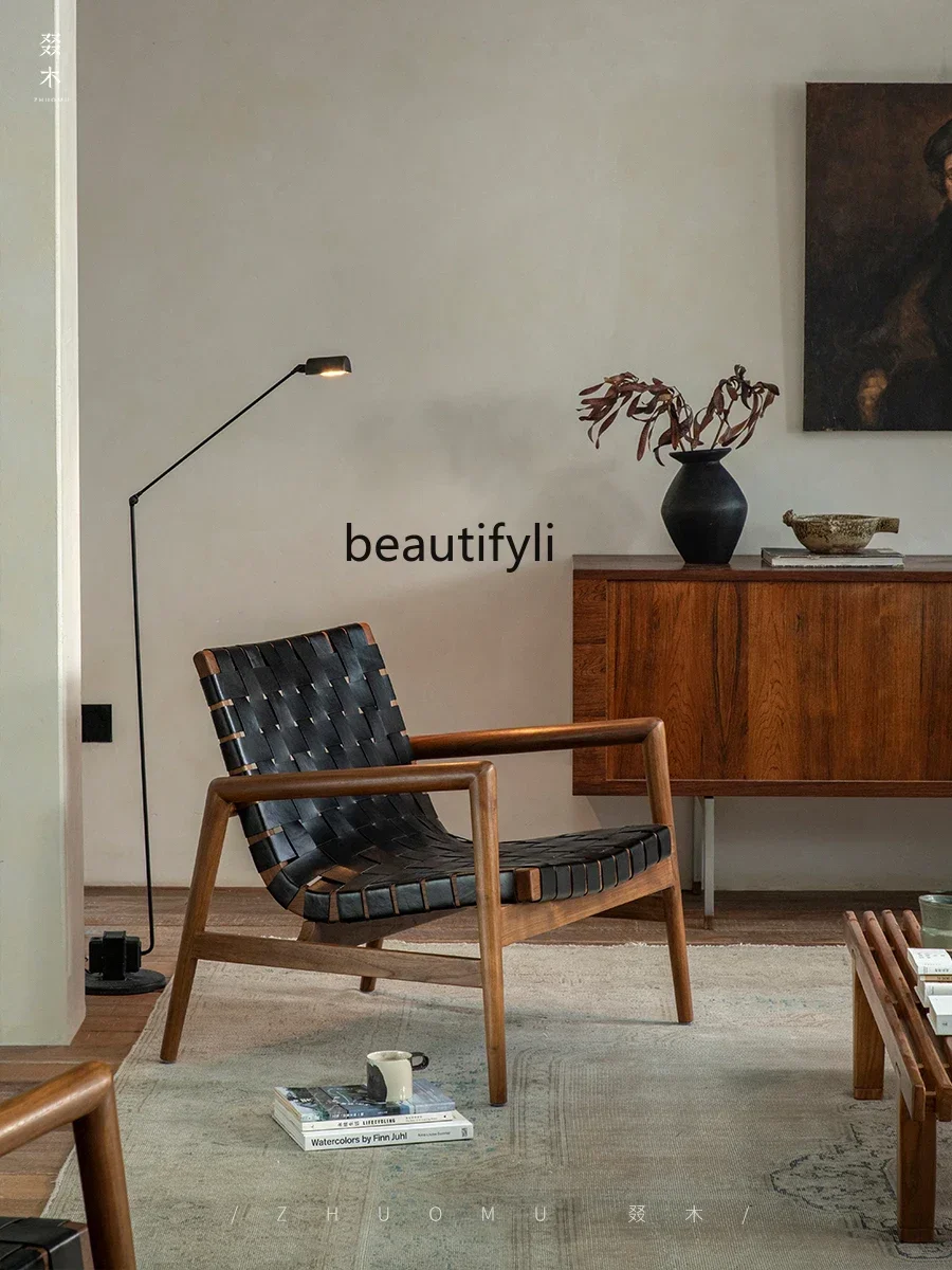 

Medieval retro style living room solid wood leather woven sofa chair hotel single teak leisure furniture