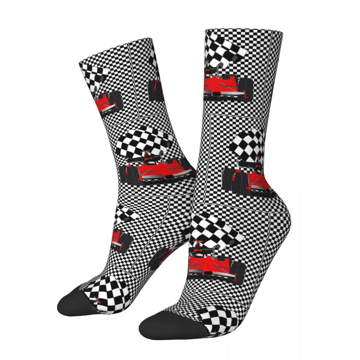 Funny Crazy Sock for Men Red Race Car With Checkered Vintage Breathable Pattern Printed Crew Sock Seamless Gift