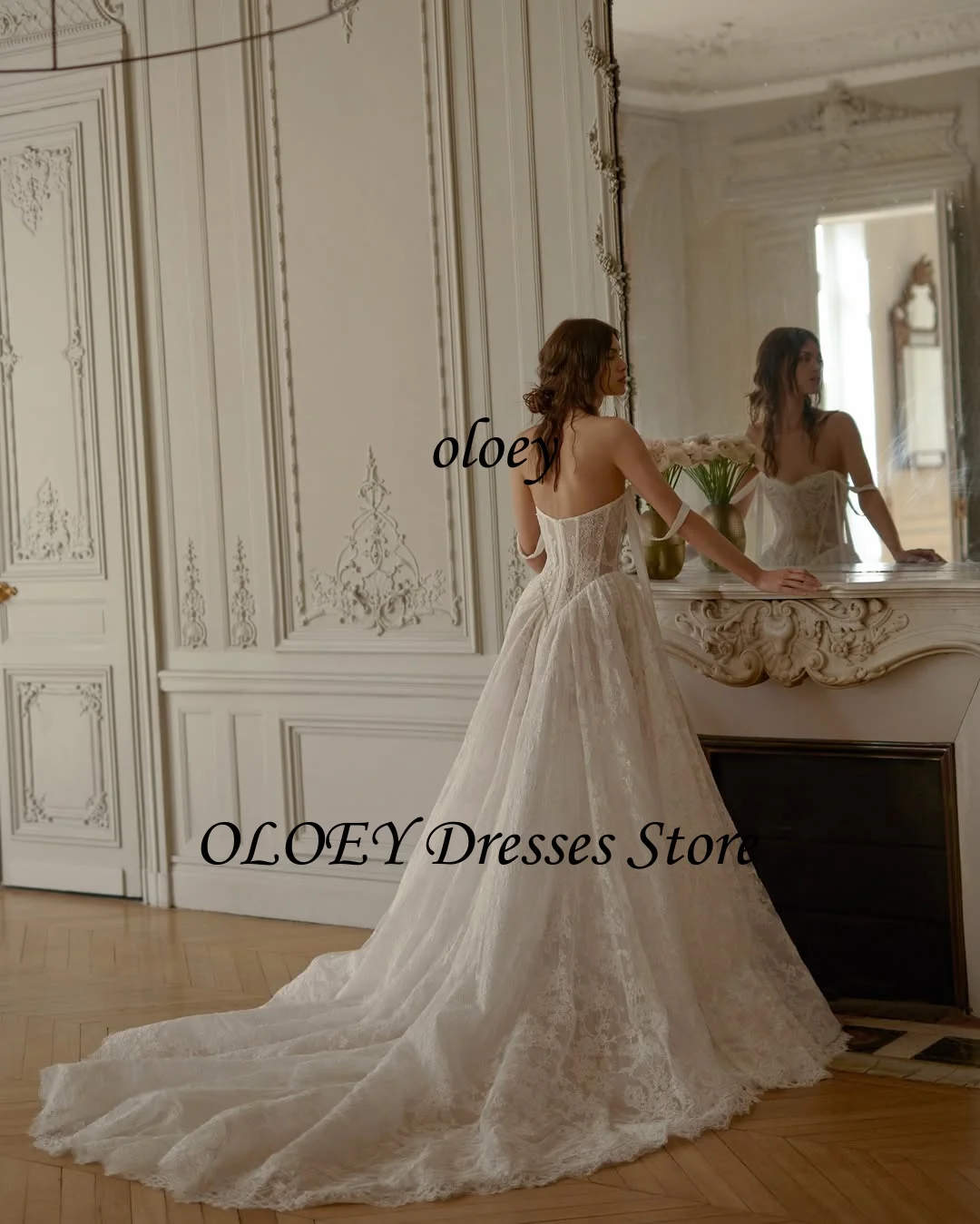 فساتين زفاف OLOEY أنيقة مكشوفة الكتف على شكل حرف A من الدانتيل الكامل فساتين زفاف مخصصة ذيل محكمة Vestidos de noiva