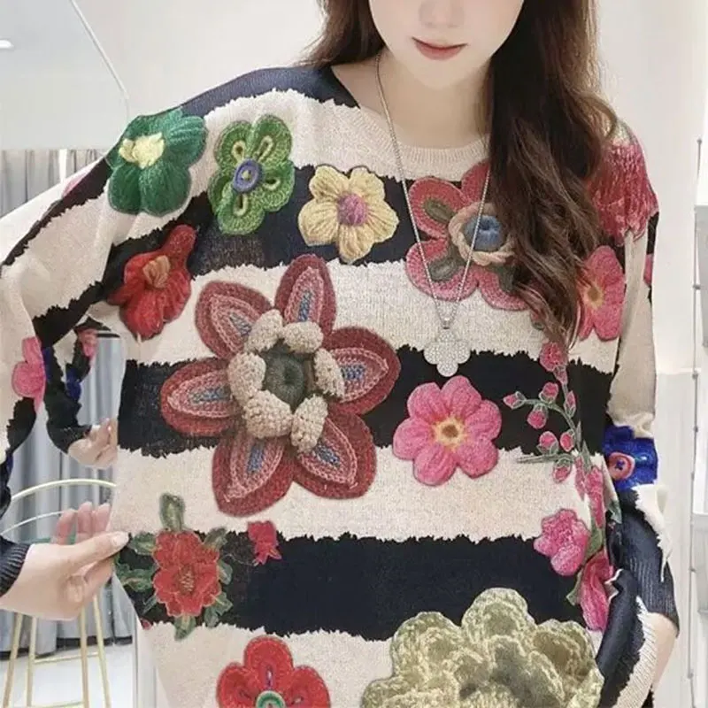 Korean Loose Floral Printed Round Neck Knitted T-shirt 2024 Women\'s Clothing All-match Fashion Chic Patchwork Long Sleeve Tops