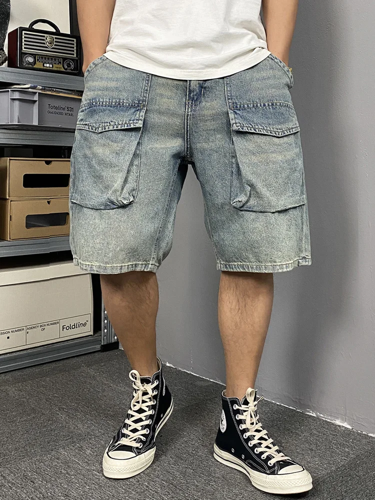 

Мужские летние джинсовые брюки в стиле ретро, свободного кроя, прямые, винтажные, повседневные, в стиле хай-стрит, длина до колена