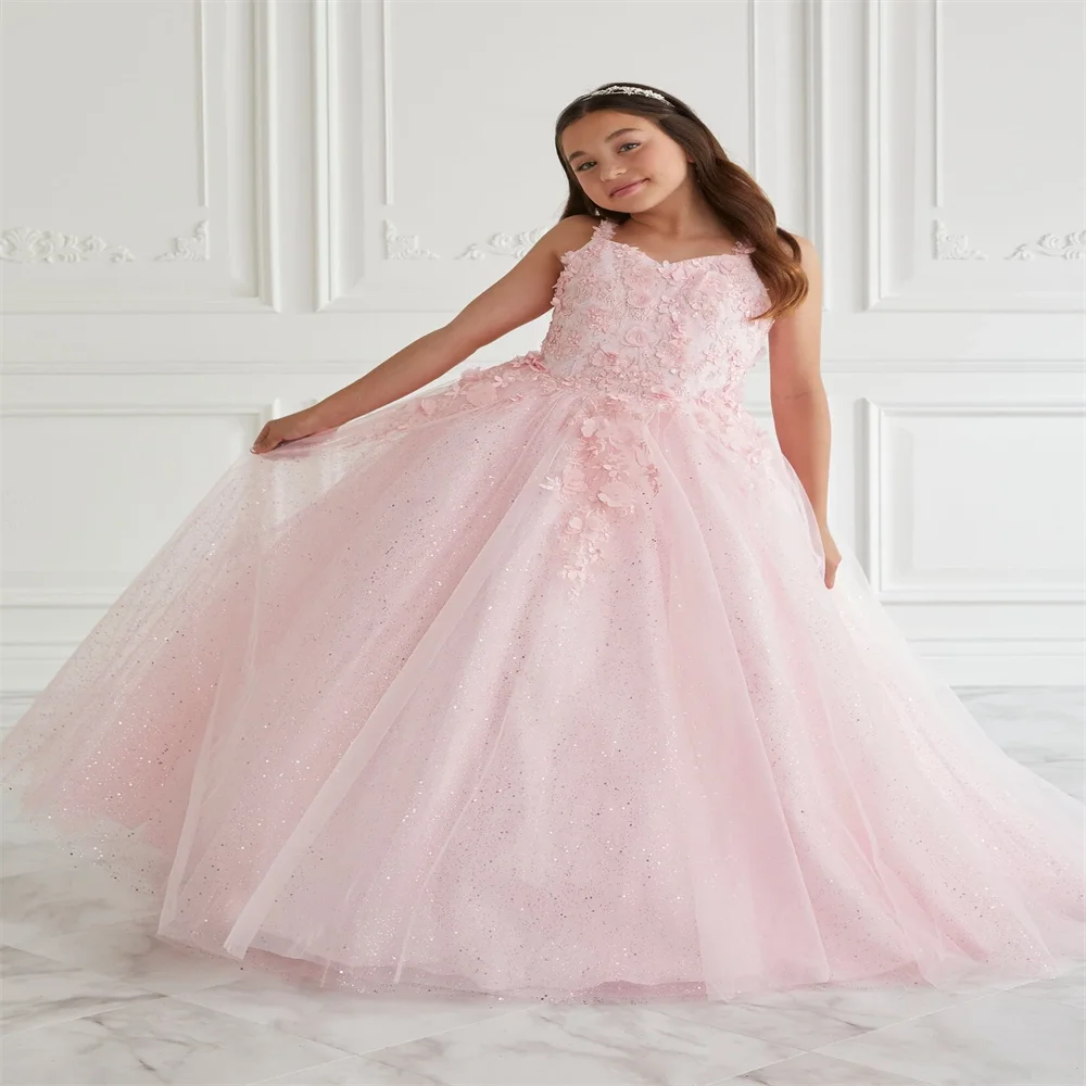 Pink 3D Appliqué Cape Sleeve Elegant Flower Girl Dress Thin Strap First Communion Birthday Prom Party Custom Formal Dress Event