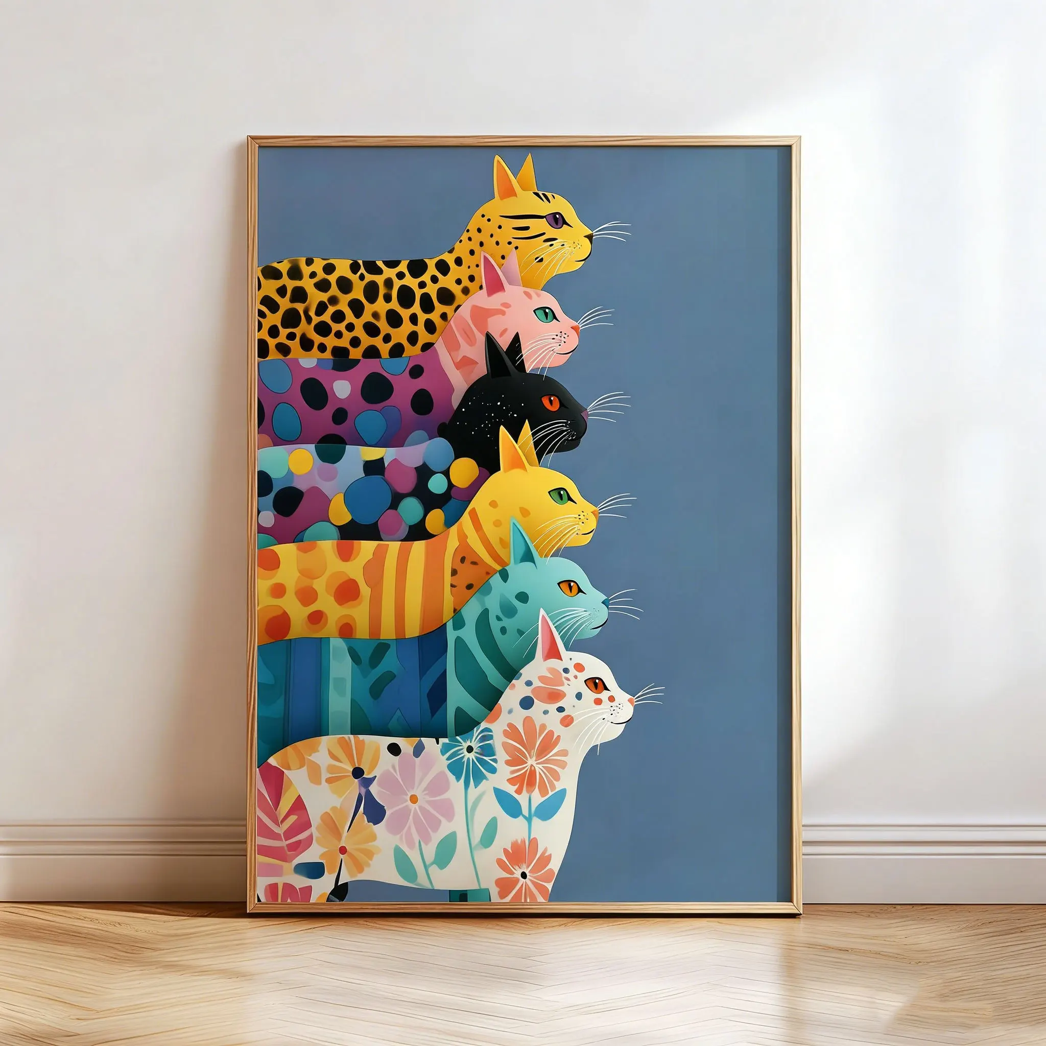 Colorful Patterned Cats Poster, Modern Cat Stack Wall Art, Vibrant Animal Illustration Print, Trendy Home Decor, Playful Colorfu
