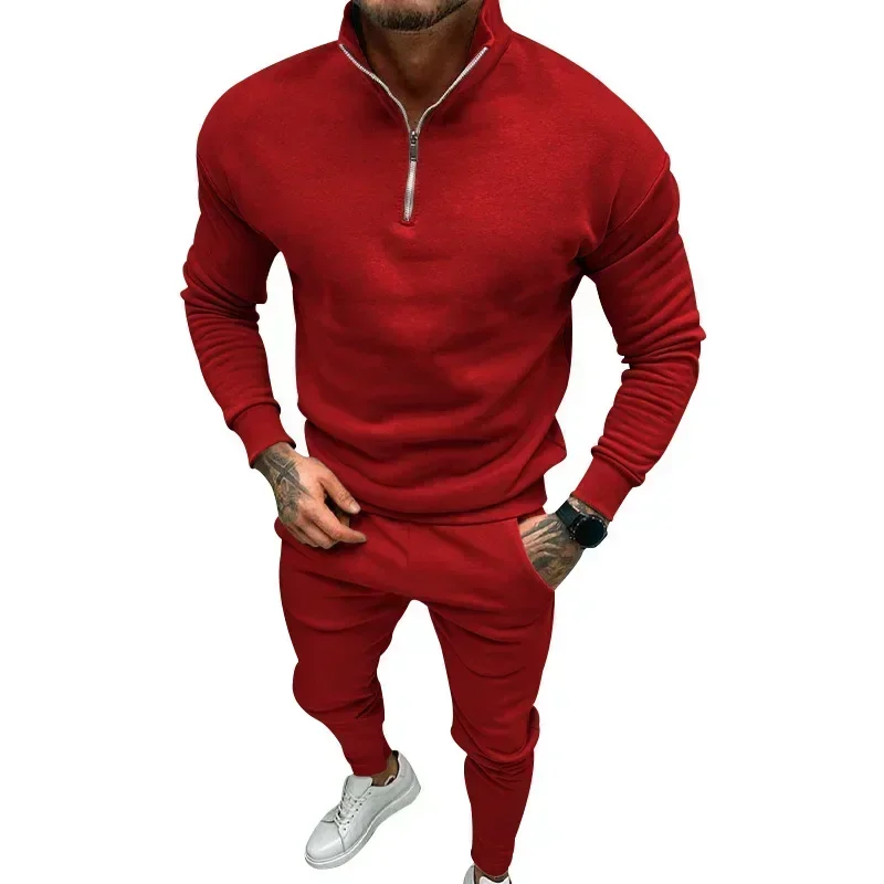 

Two Piece Sets Men Pant Set Zipper Stand Collar Full Sleeve Solid Tops Casual Thick Long Pants Splice High Waist Autumn