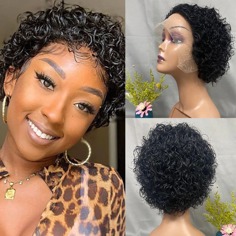 Curly Pixie Cut Wig 13x1 Lace Front Wigs 6 Inch  Natural Short Bob Pixie Cut Curly Human Hair Wig  For Black Women 150% Density