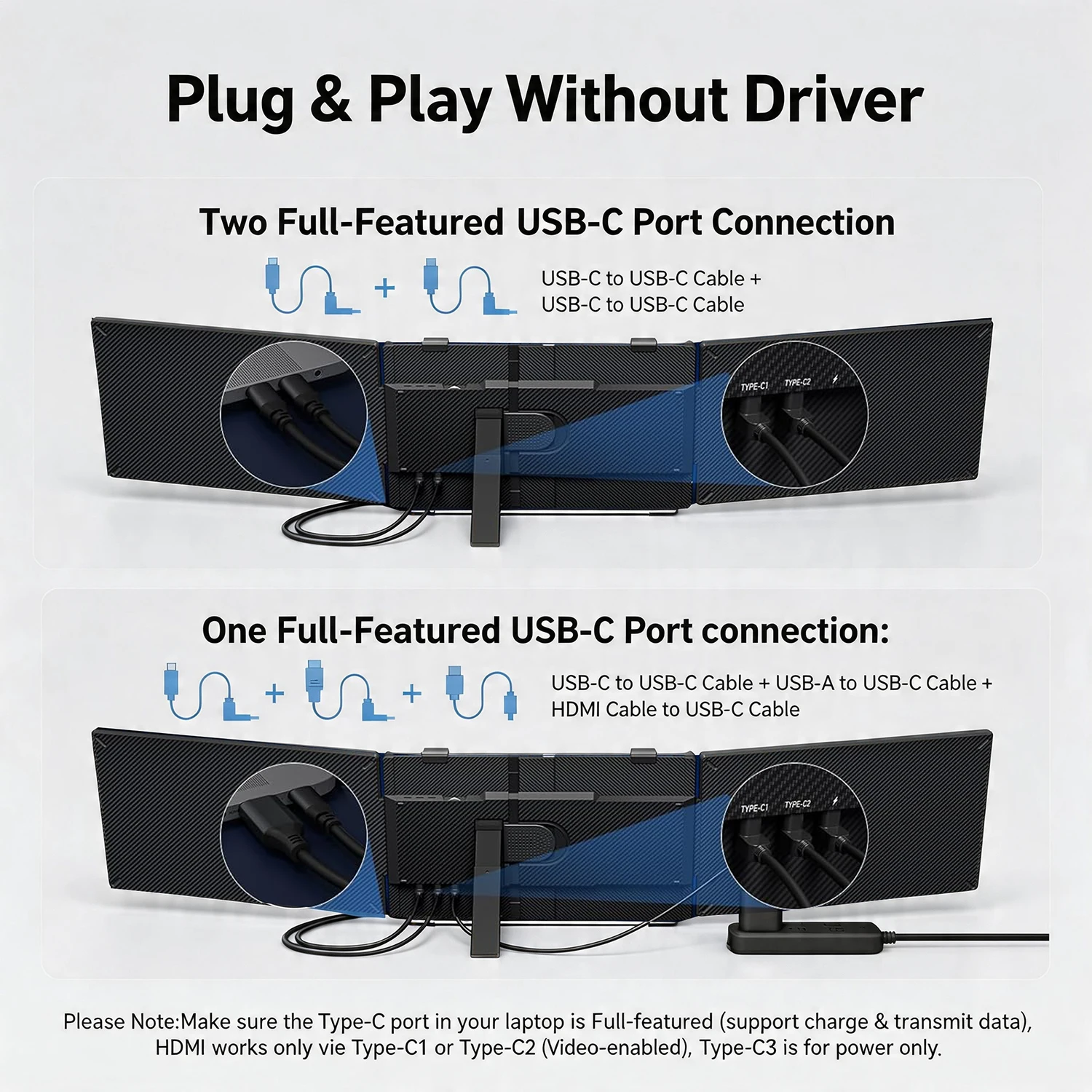 Portable Display Monitors 14 Inch Sizes FHD 1080P Ultra-Slim Triple Portable Monitor Compatible For Programming Video