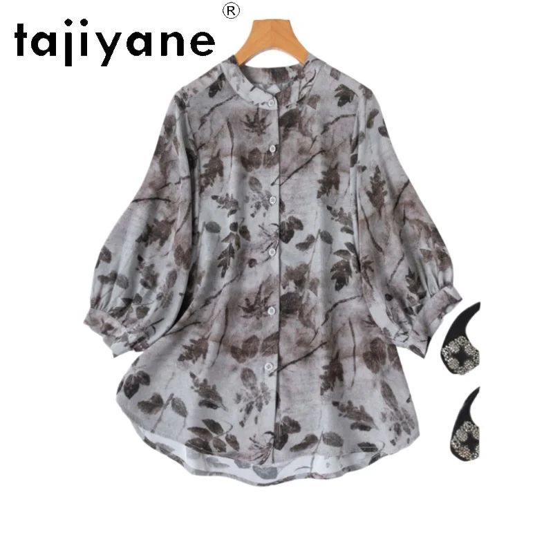 

TAJIYANE 100% натуральная шелковая блузка из тутового шелкопряда для женщин, серая, с принтом, летняя, с рукавами-фонариками, топ для женщин, одежда 2026, рубашка