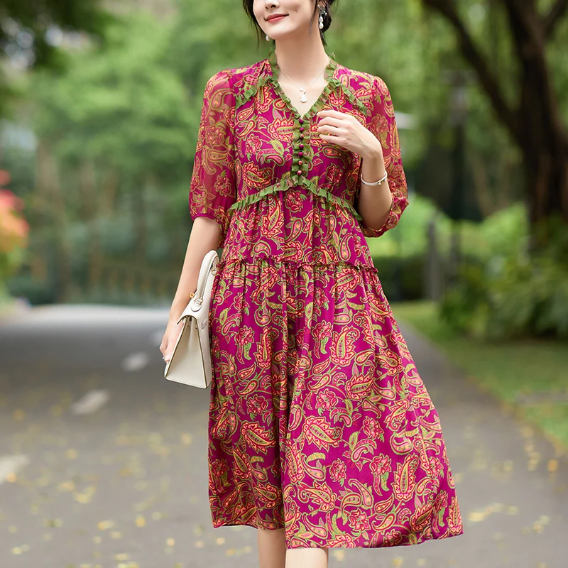 New Summer Vintage Dresses for Women Elegant High Waist V-neck Women's Print Dress 100% Real Silk Woman Holiday Long Dress